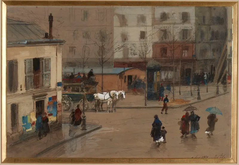 A depiction of a bustling street scene in Paris.