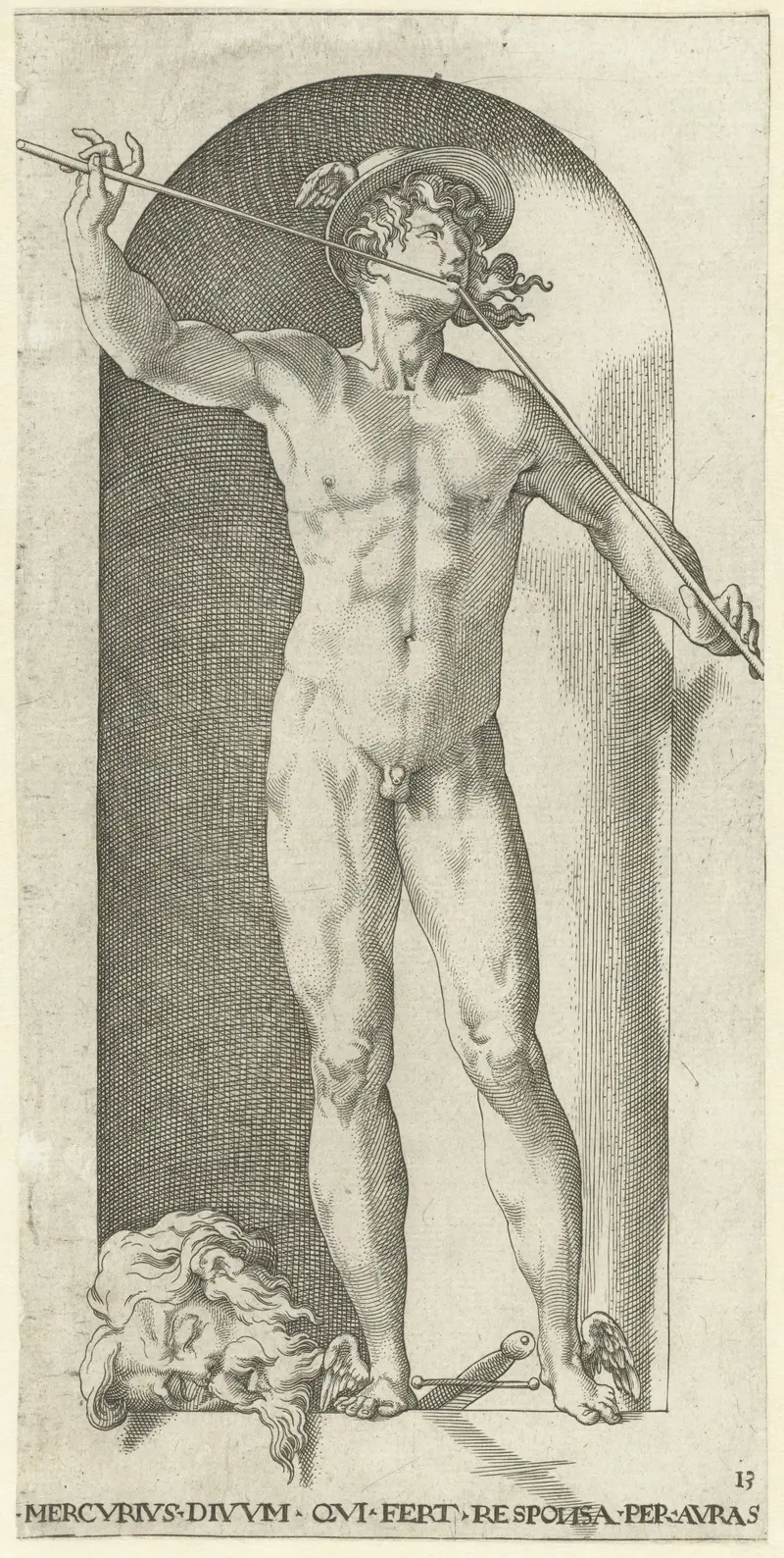 Mercurius met het hoofd van Argus engraving by Jacob Binck, featuring Mercury and Argus's head.