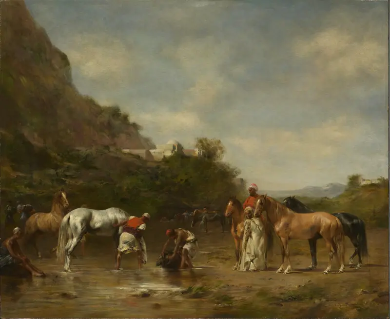 Arabs watering their horses, oil on canvas by Eugène Fromentin
