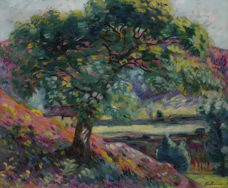 Armand Guillaumin's 'Arbres en Île-de-France' showcases a vibrant depiction of trees in a French landscape.
