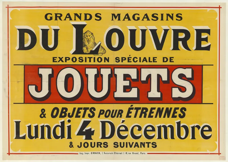 A colorful illustration showcasing a toy exhibition at the Grands magasins du Louvre.