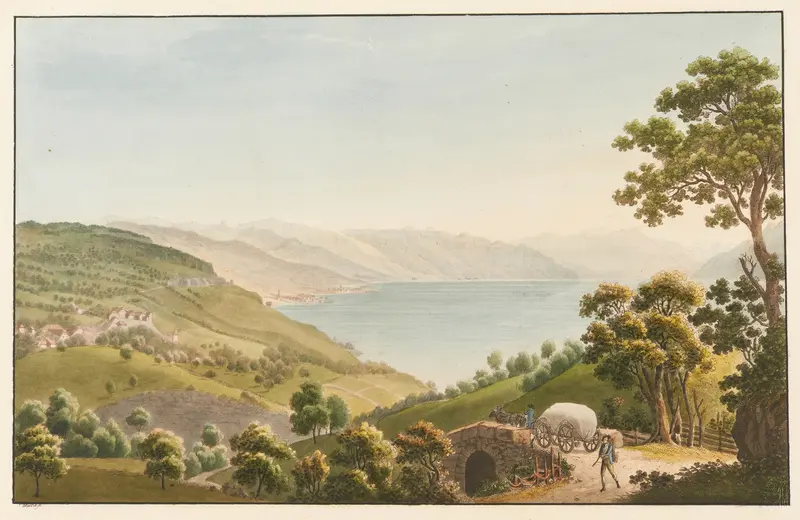 Landscape with hills and lake, oil on canvas by Jakob Samuel Weibel