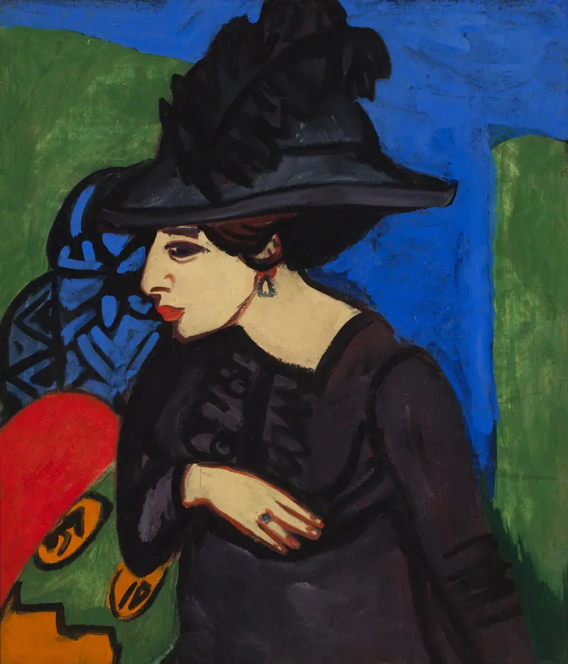 A woman in a feathered black hat with a dark profile against a colorful background.