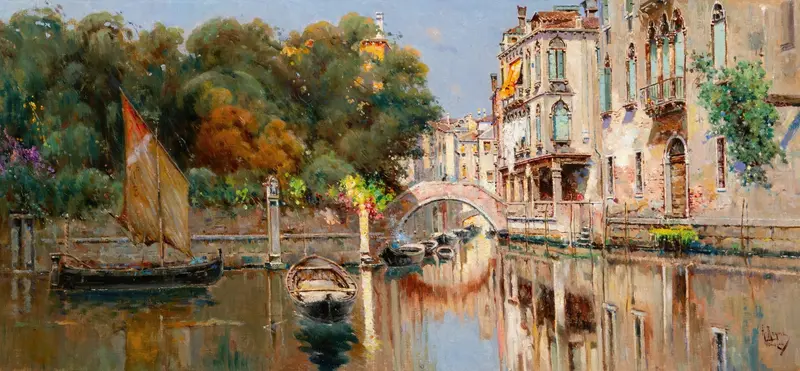 Gondola gliding through a canal in Enchanting Venice by Antonio María de Reyna Manescau, oil painting