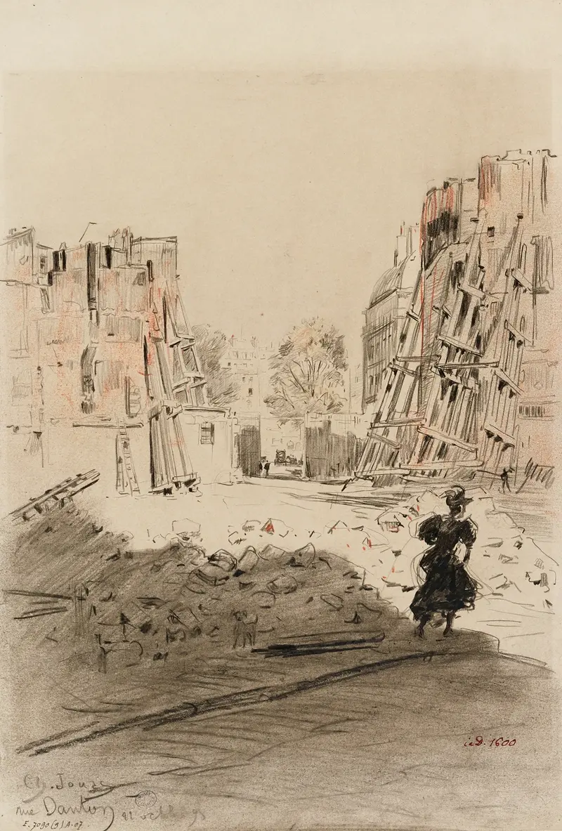 Un chantier, rue Danton by Charles Jouas, depicting men working in urban construction, oil painting