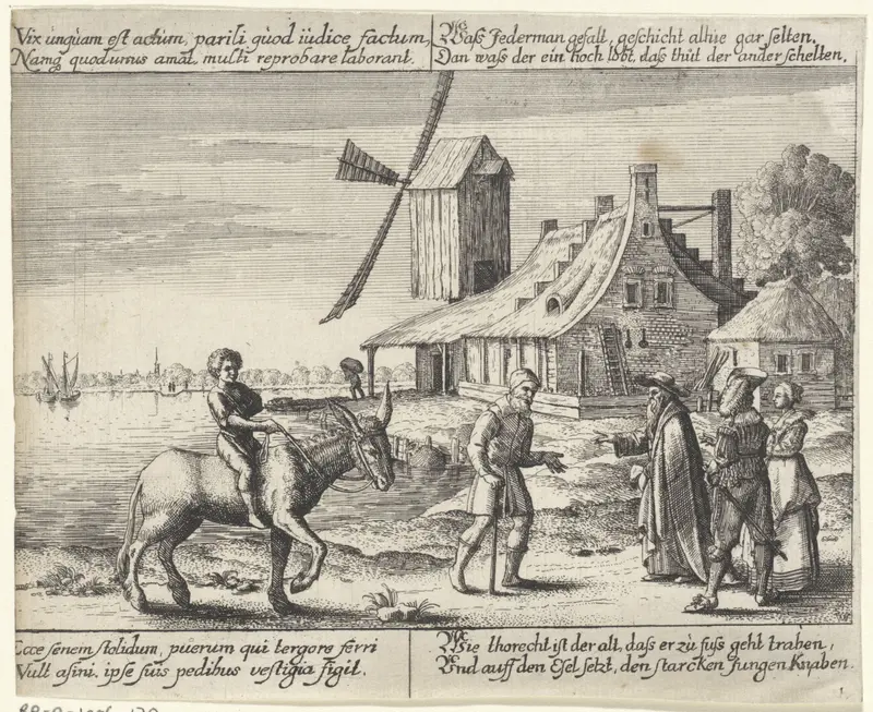 Etching by Wenceslaus Hollar depicting a farmer and child on a donkey