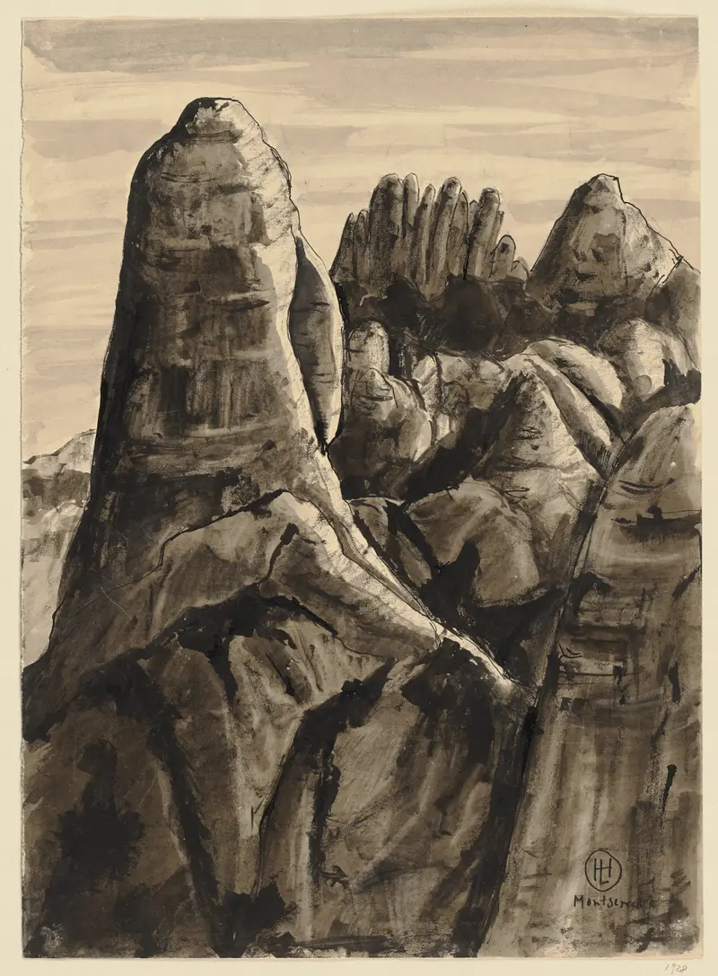 A depiction of Montserrat mountain shrouded in clouds, capturing its atmospheric presence.