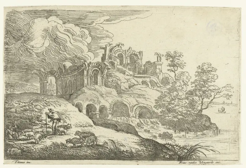 Etching by Lucas van Uden depicting ruins overgrown with nature