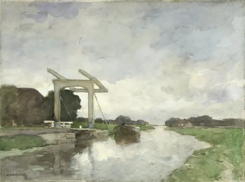 Drawbridge at Noorden by Johan Hendrik Weissenbruch, realism, depicting a serene landscape with a drawbridge.
