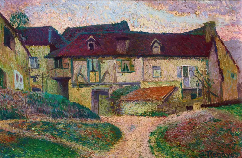 Post-Impressionism landscape of a farmhouse under a blue sky by Darío de Regoyos