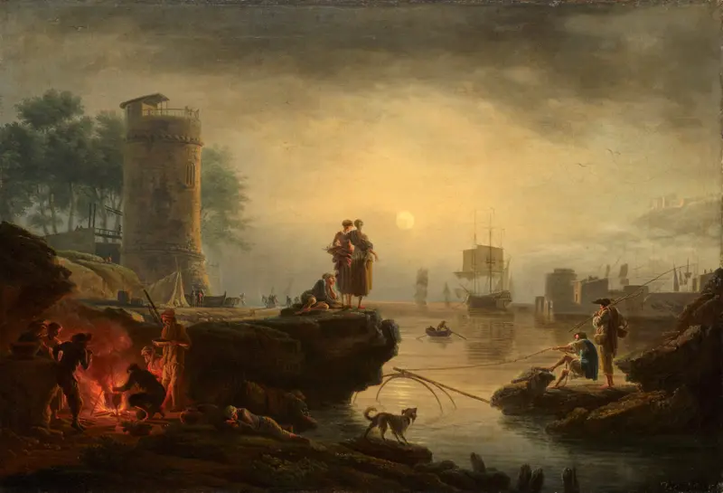 Morning by Claude-Joseph Vernet, oil on canvas depicting dawn with boats on calm waters