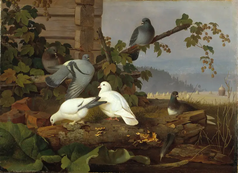 Ferdinand von Wright's painting 'Pigeons' captures the beauty of these birds in a natural setting.