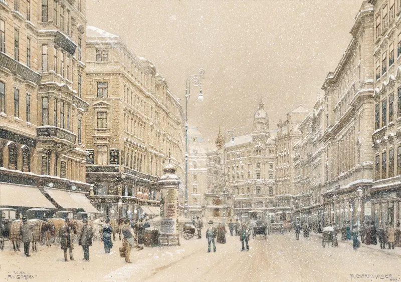Impressionist oil painting by Richard Moser depicting Graben in Vienna during a snow flurry