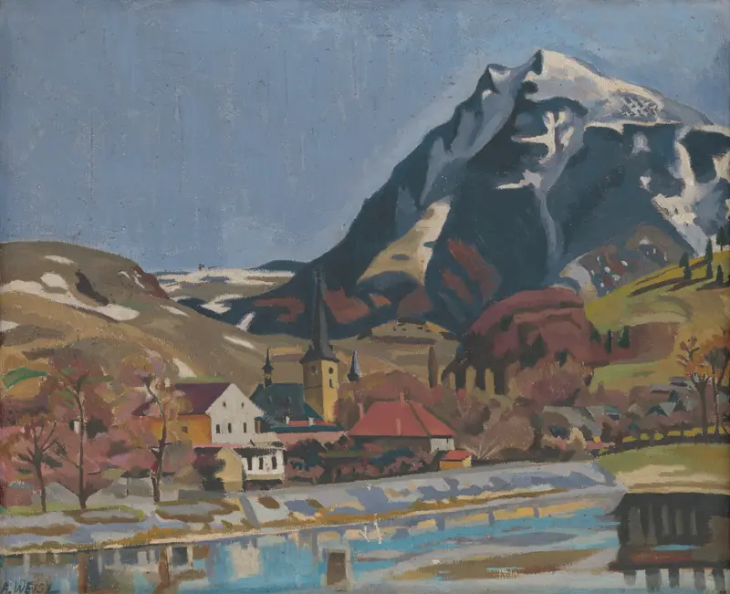 A monumental mountain looms over the rooftops and church spire of a town, with a river reflecting the scene.