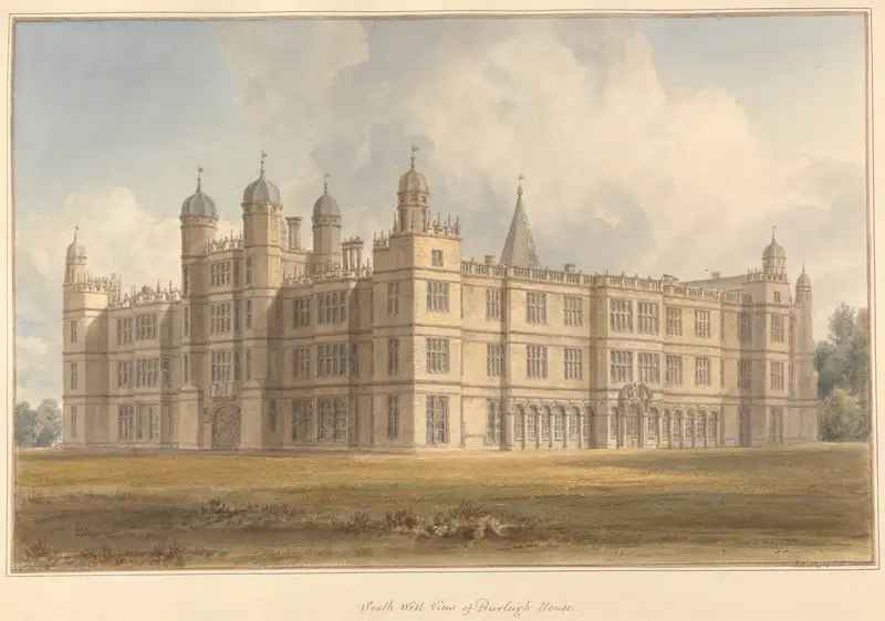 South West View of Burleigh House by John Buckler, oil painting depicting a landscape with trees and hills.