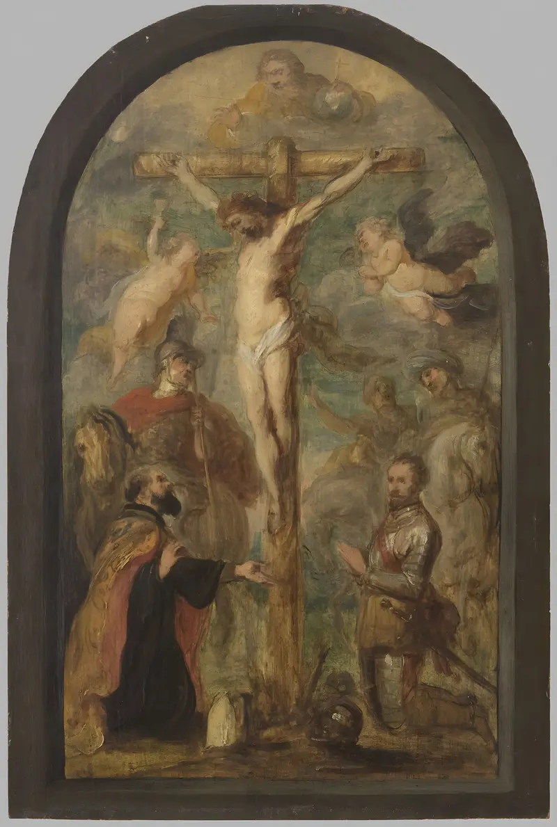 A depiction of the Crucifixion featuring Christ, a bishop, a saint, and a donor in armor.
