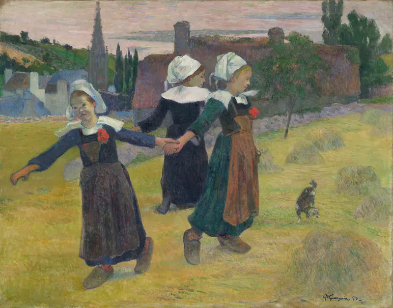 Three girls in traditional Breton dress hold hands and dance in a sunlit field dotted with haystacks, accompanied by a small leaping dog.