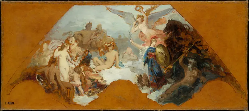 A depiction of Minerva battling brute force, showcasing the conflict between wisdom and violence.