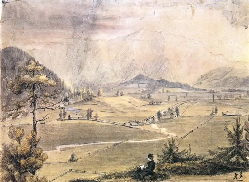 A serene landscape featuring a seated man sketching, with rolling hills and distant mountains under a soft sky.