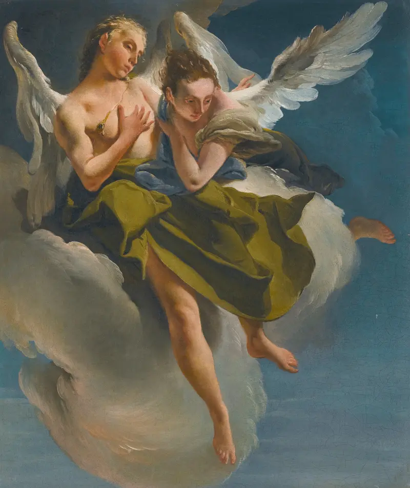 Giovanni Battista Tiepolo's 'Two Angels In Flight' showcases two celestial figures in a dynamic composition.