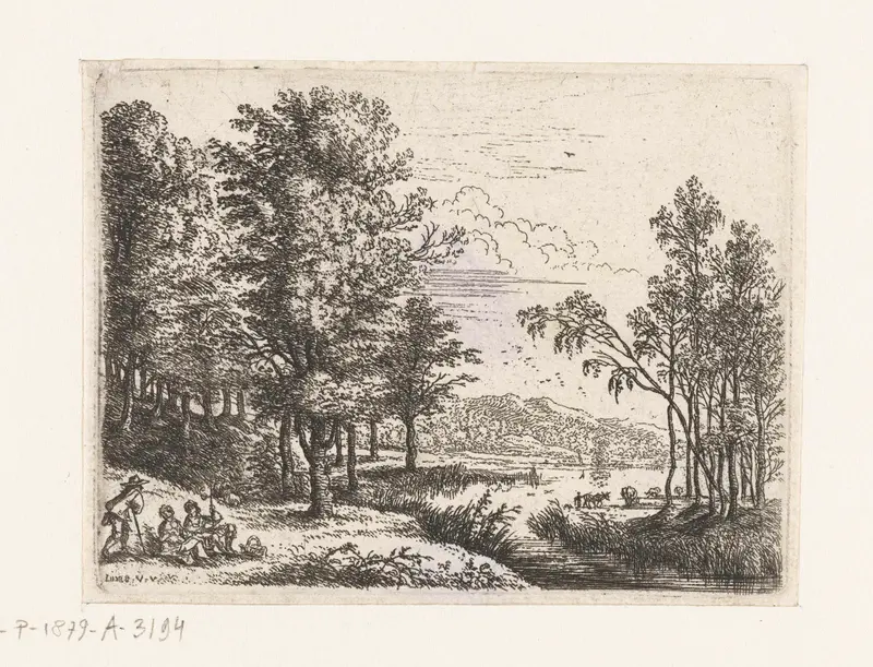 Landschap met drie figuren bij een meer, etching by Lucas van Uden depicting figures by a lake at dusk.