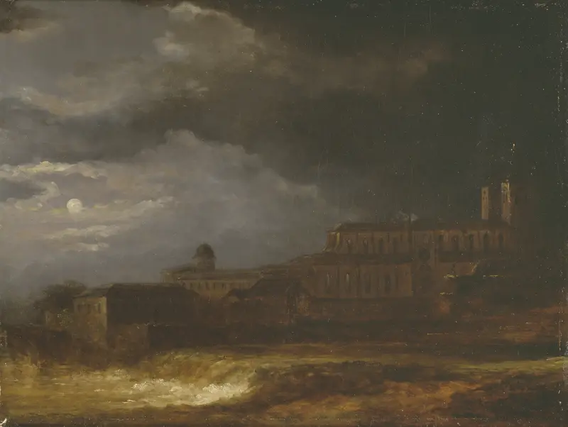 View of Uppsala by Carl Johan Fahlcrantz, oil on canvas, depicting a moonlit landscape with a cathedral.
