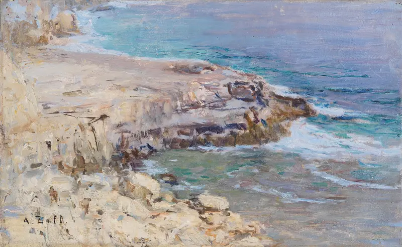 Felsige Küstenpartie by Alfred Zoff, oil on canvas depicting cliffs at sunset