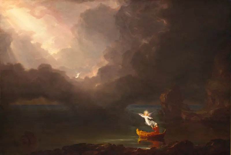 The Voyage of Life – Old Age by Thomas Cole, oil on canvas, depicts an elderly man in a boat on turbulent waters.