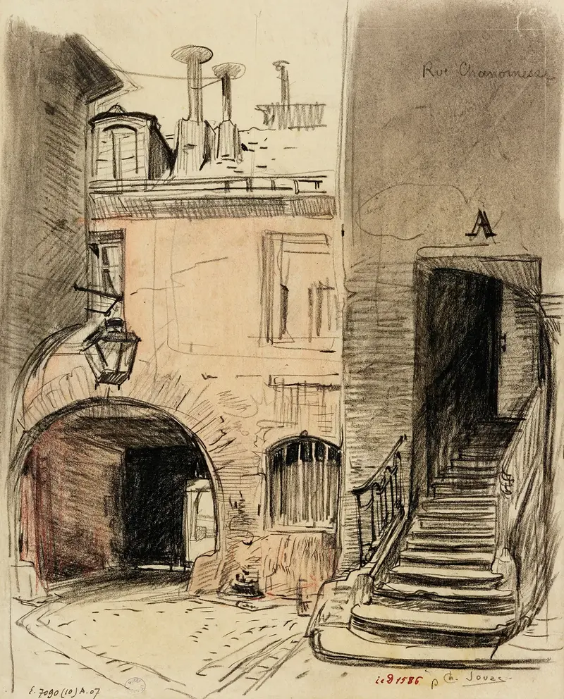 Watercolour by Charles Jouas depicting a staircase and courtyard with light and shadow.