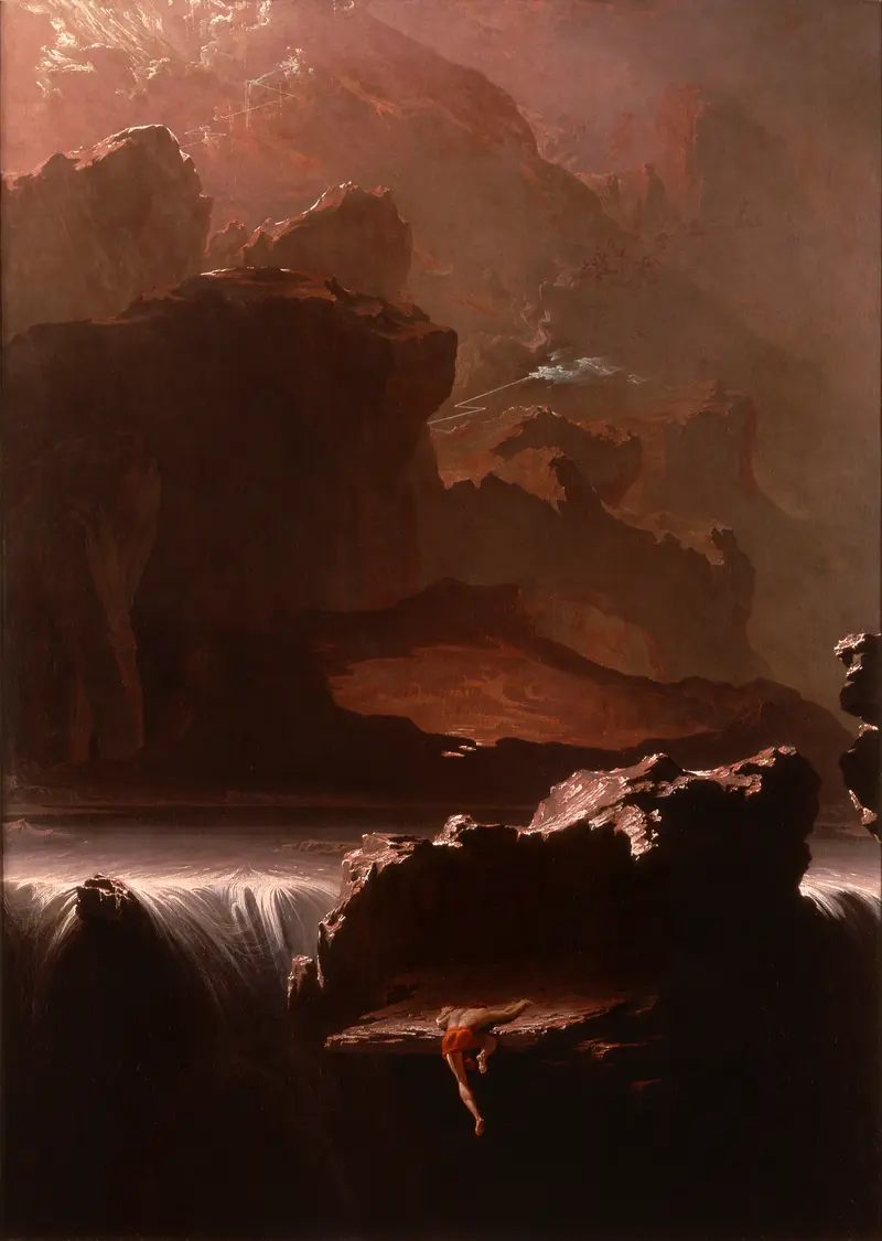 Sadak in Search of the Waters of Oblivion, oil on canvas by John Martin, depicting a figure on a rocky precipice.