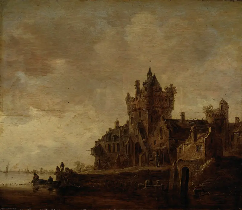 Old Castle Gate in Nijmegen by Jan van Goyen, oil painting depicting a stone gate and cobblestone path.