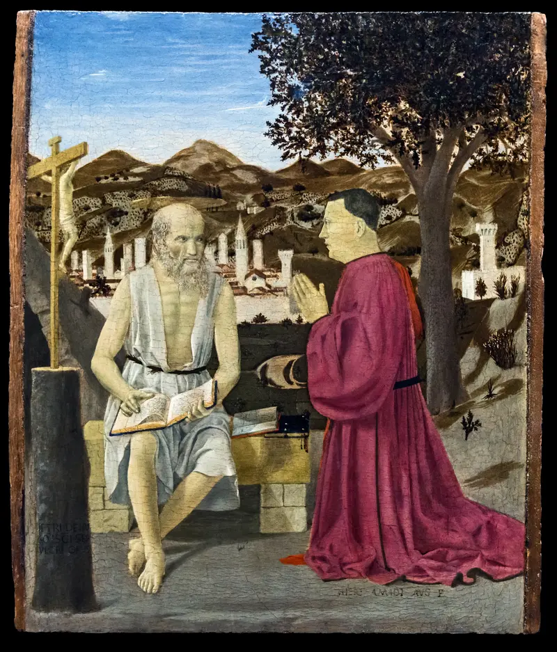 Saint Jerome stands with a lion while a donor kneels in prayer beside him.