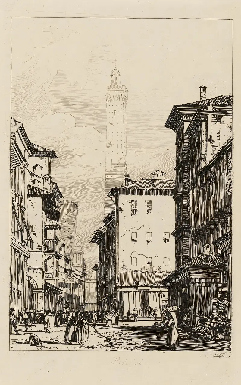 Bologna by Richard Parkes Bonington, oil painting depicting vibrant rooftops and a deep blue sky
