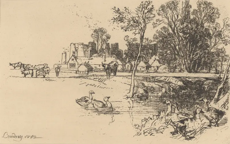 Engraving of Cowdray by Francis Seymour Haden depicting a serene landscape.