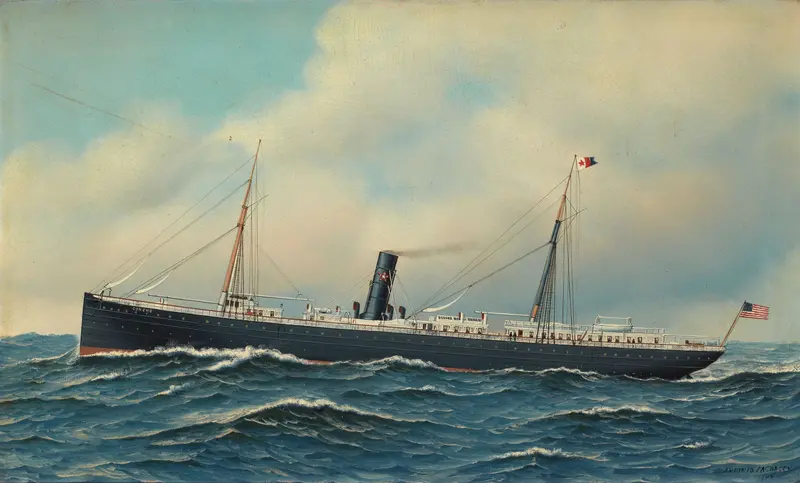 A steamship with flags sailing through a blue-green sea under a vast sky with billowing clouds.