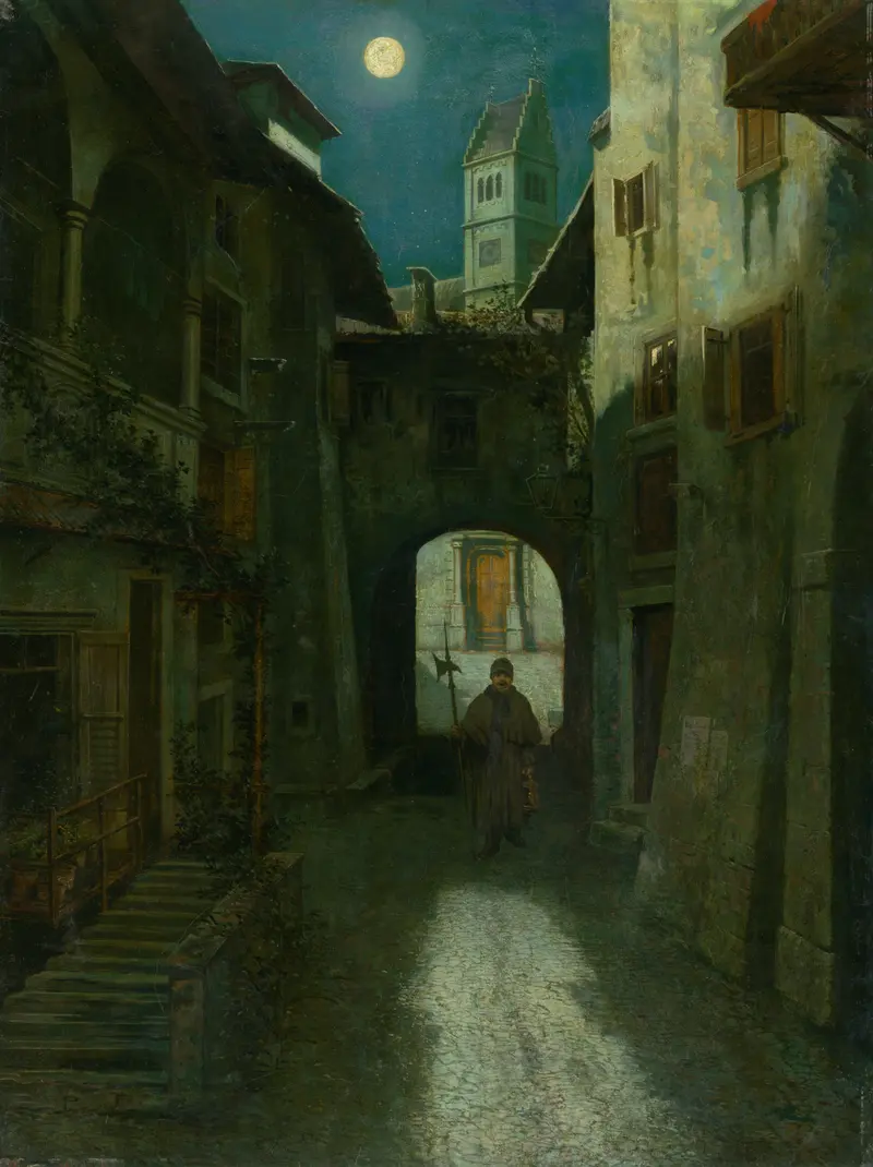 Night Watch in the Old Town by Eduard Majsch, genre scene, depicting lamplight on cobblestone streets