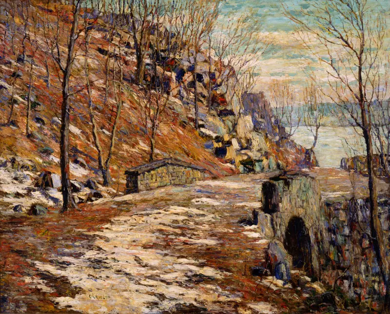 Landscape scene with a pathway through a forest by Ernest Lawson, oil painting