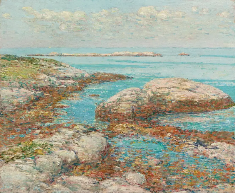 Rocks At Appledore, Morning by Childe Hassam, oil painting depicting jagged rocks and water.