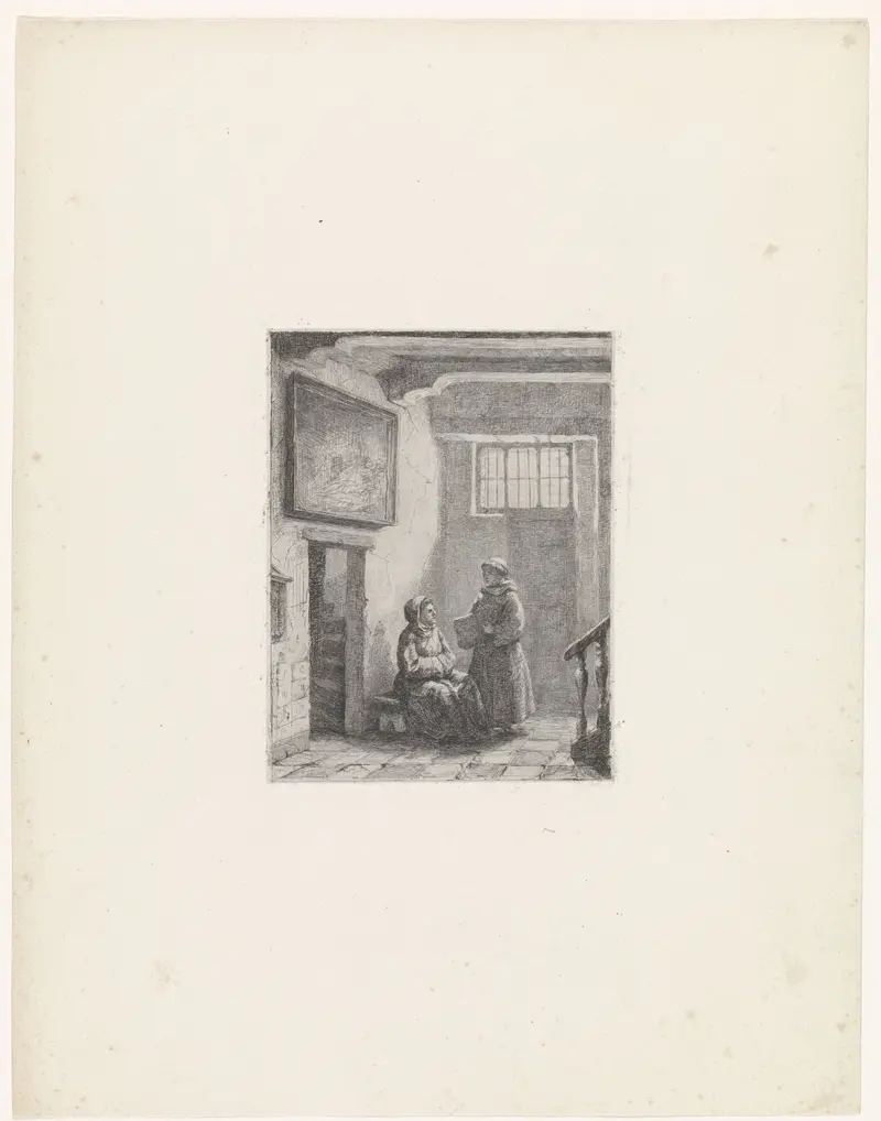 Zittende en staande monnik by David van der Kellen, etching of a seated monk in warm robes.