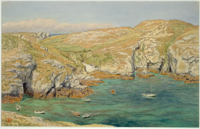Watercolour by Henri Rivière depicting waves lapping against a rocky shore.