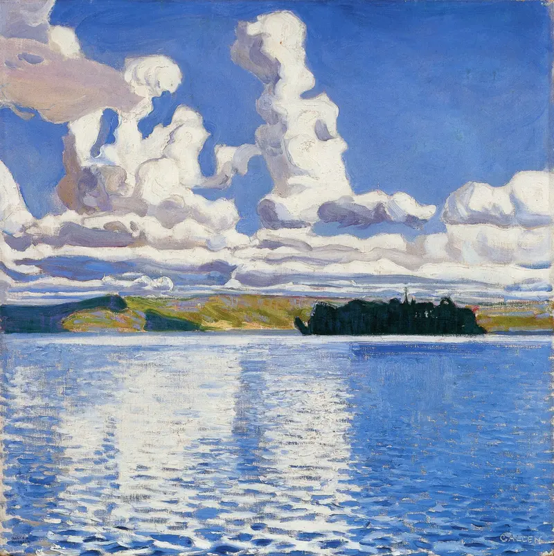 A dramatic sky filled with billowing clouds above a serene lake, reflecting the clouds' shapes in ripples of blue and white.
