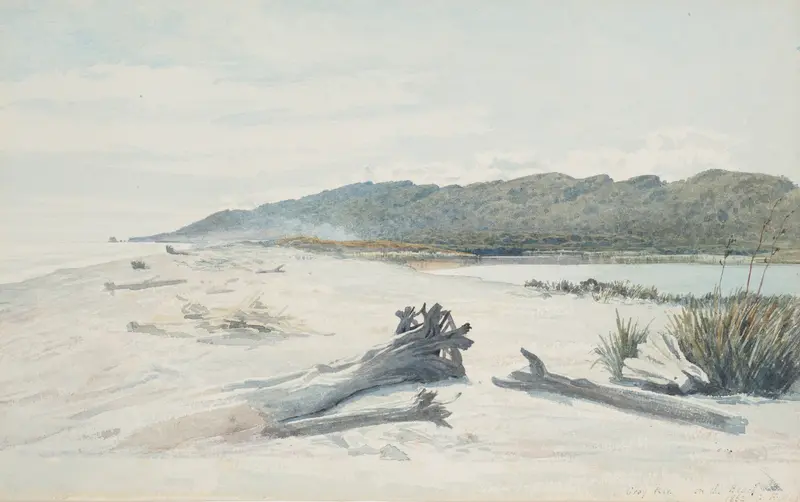 Grey River, on the beach by James Crowe Richmond, oil on canvas depicting a serene landscape.