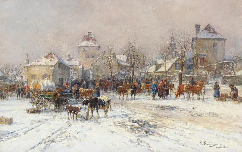 Viehmarkt im Winter by Karl Stuhlmüller, oil on canvas depicting a winter village market scene.