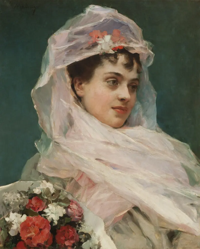 Aline Masson in a delicate gossamer headdress by Raimundo de Madrazo y Garreta.