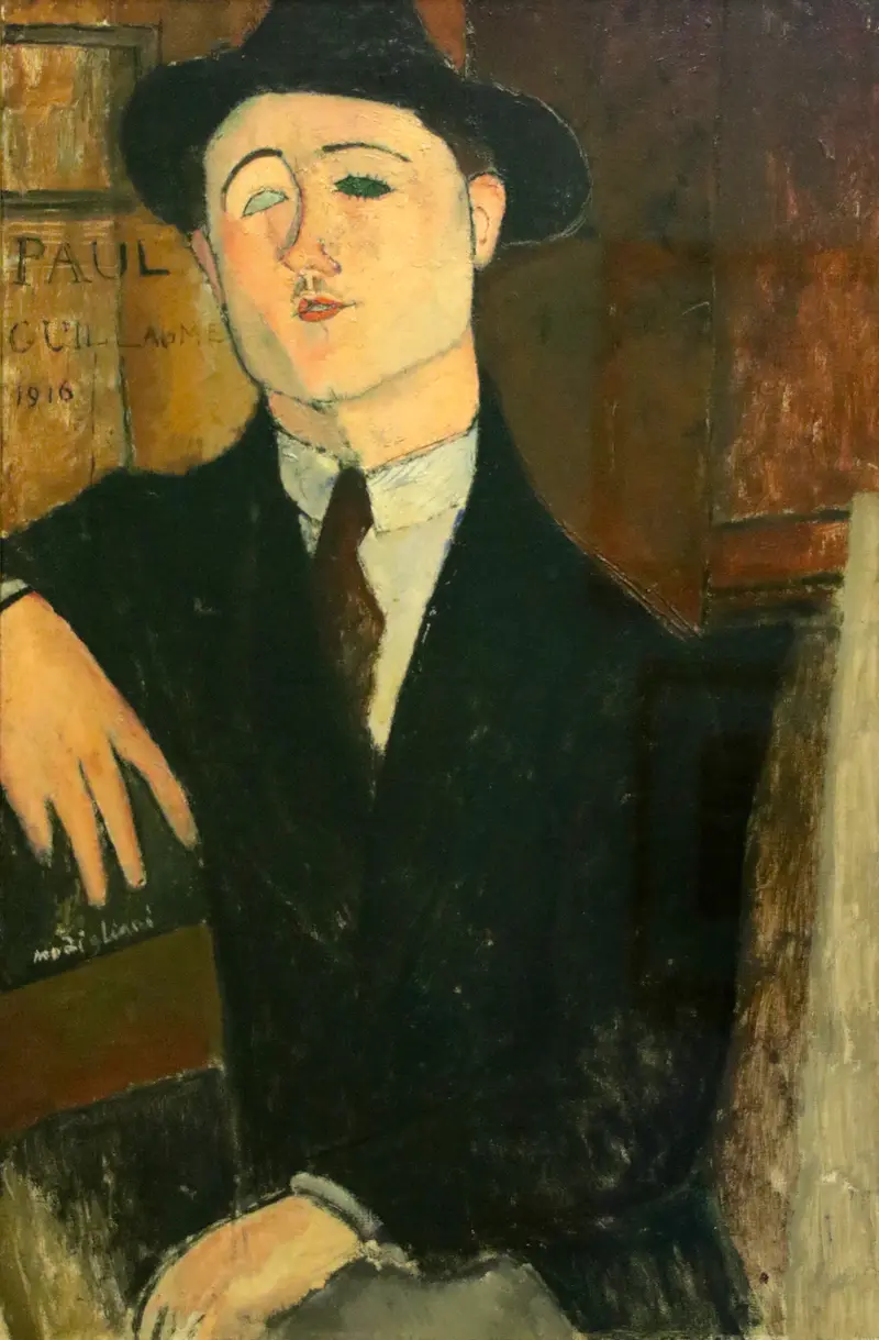 Amedeo Modigliani's 'Portrait of Paul Guillaume' features a seated man with an elongated face and stylized features.