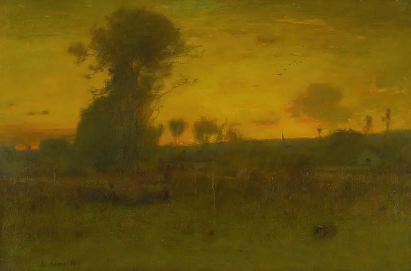 Oil painting by George Inness depicting a river at twilight with soft colors