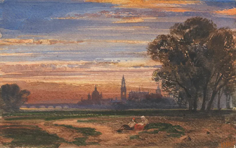 Dresden at sunset by William Wyld, oil on canvas showing a twilight cityscape with silhouetted rooftops