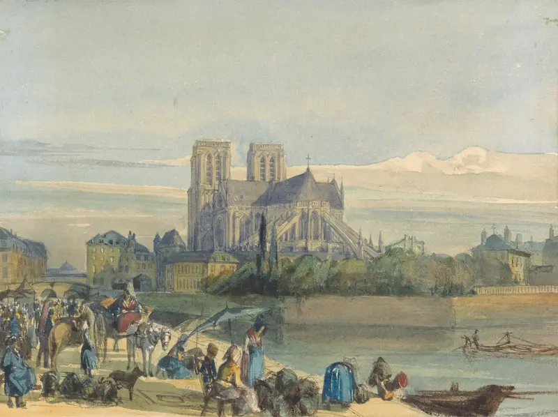 Notre Dame, Paris by Thomas Shotter Boys, oil on canvas showing the cathedral's detailed facade.