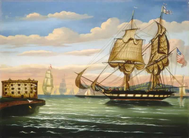Bay of New York, Sunset by Thomas Chambers, oil painting depicting a tranquil bay at sunset.