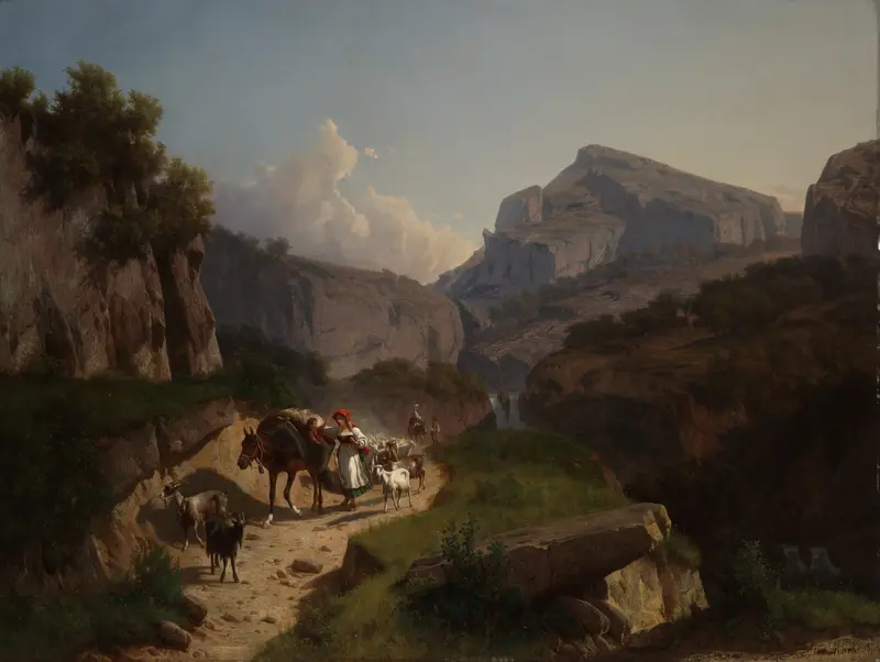 Mountain landscape oil painting by András Markó, featuring rugged peaks and a vibrant sky.